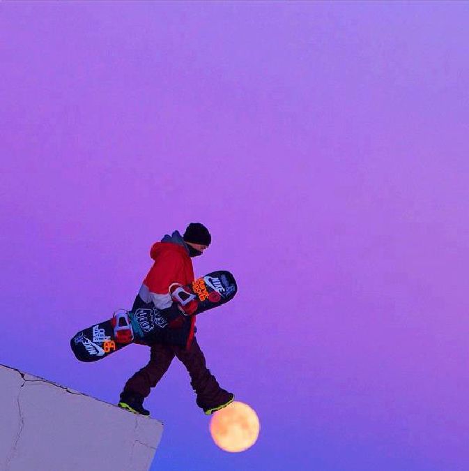 snowboarder walking on moon perfect timing